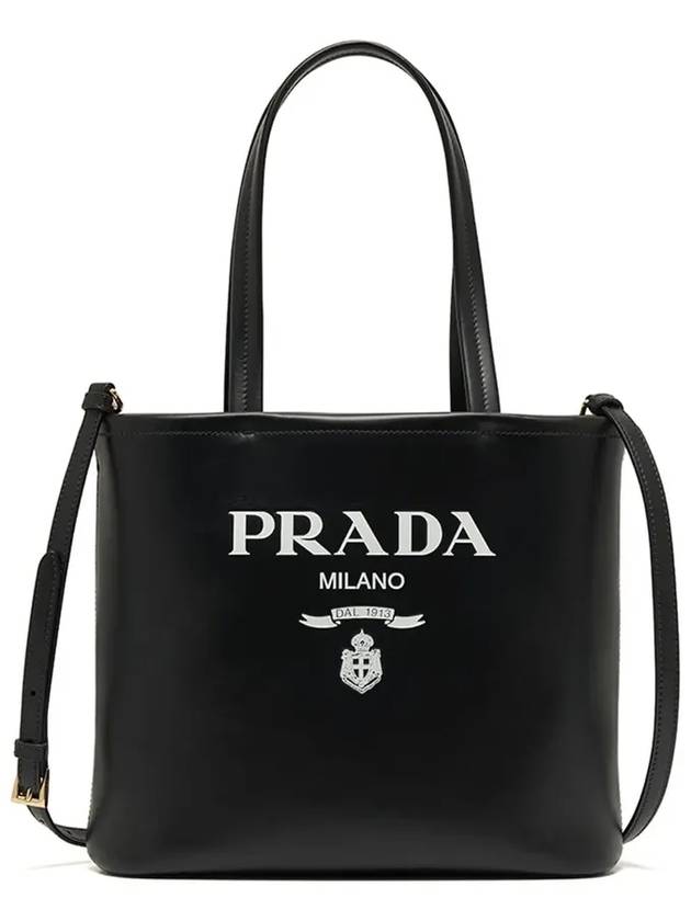Small Logo Printed Leather Tote Bag Black - PRADA - BALAAN 5