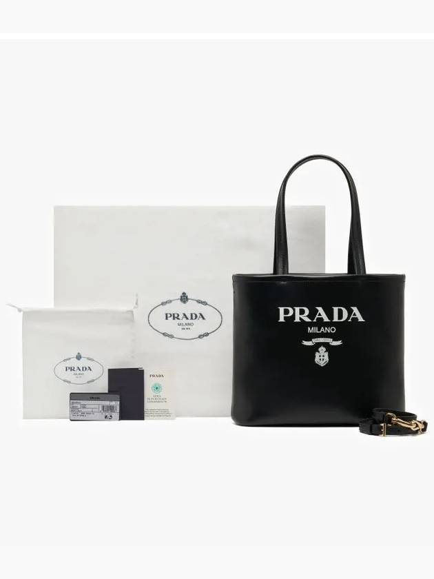 Small Logo Printed Leather Tote Bag Black - PRADA - BALAAN 4