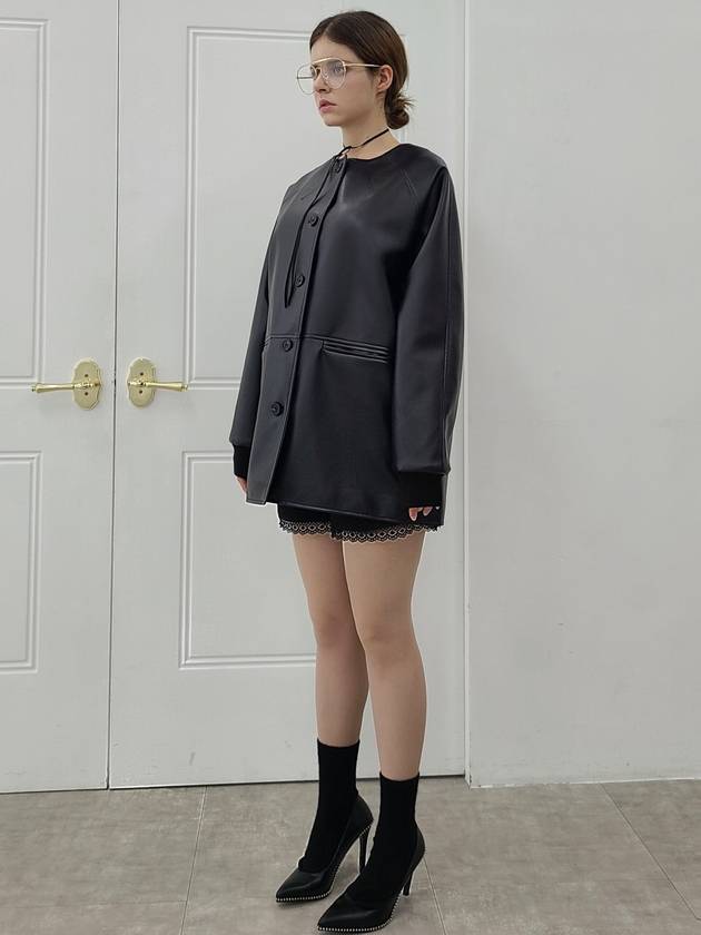 Women's Leather Collarless Jacket Black - PRETONE - BALAAN 5