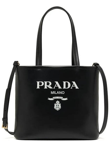 Small Logo Printed Leather Tote Bag Black - PRADA - BALAAN 1