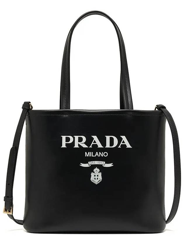 Small Logo Printed Leather Tote Bag Black - PRADA - BALAAN 3