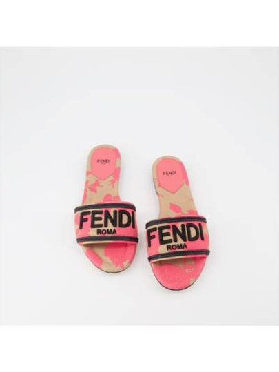 Rose Print Embroidered Logo Canvas Slide Slippers Pink - FENDI - BALAAN 2