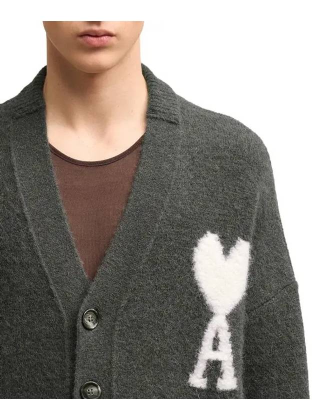 Intarsia Logo Knit Cardigan Dark Grey - AMI - BALAAN 4