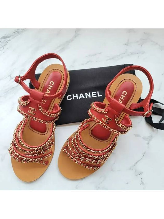 Gold Chain Wedge Sandals Red Size 38 - CHANEL - BALAAN 1