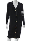 Cotton Crepe Milano Stitch 4-Bar Long V-Neck Cardigan Navy - THOM BROWNE - BALAAN 2