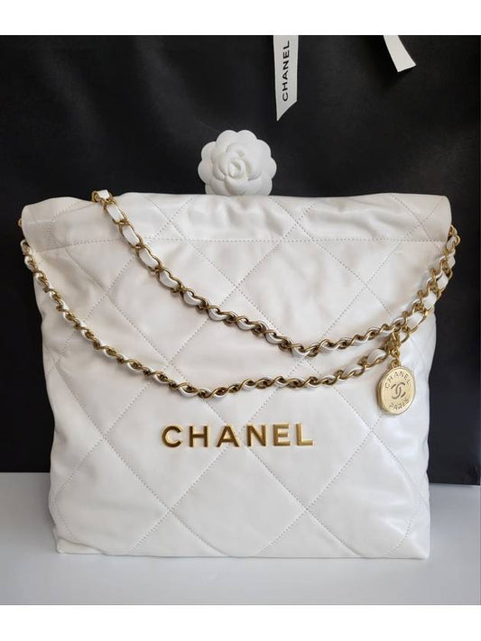 22 Small Gold Logo Shiny Calfskin Shoulder Bag White - CHANEL - BALAAN.