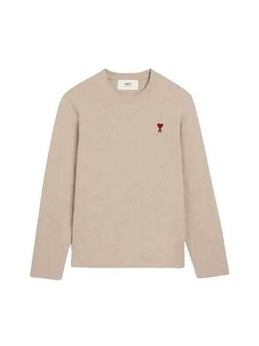 Chain Stitch Heart Logo Long Sleeve T-Shirt Light Beige - AMI - BALAAN 2