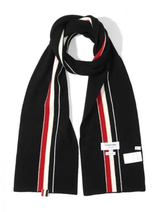 Men's Three Stripes Merino Wool Muffler Black - THOM BROWNE - BALAAN 2