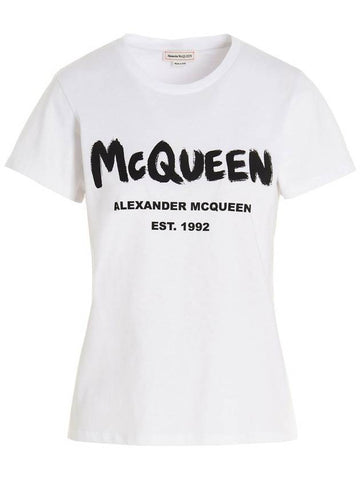 Women's Graffiti Logo Short Sleeve T-Shirt White - ALEXANDER MCQUEEN - BALAAN 1