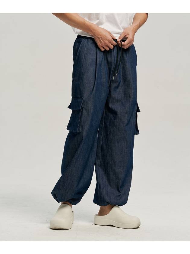 Banded cargo linen-like denim pantsnavy - MOO - BALAAN 2