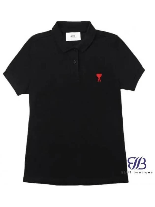 Embroidered Heart Logo Short Sleeve Polo Shirt Black - AMI - BALAAN 2