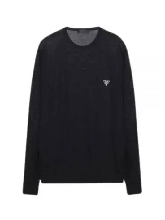 Men's Logo Embroidered Crew Neck Wool Knit Sweater Black - PRADA - BALAAN 2