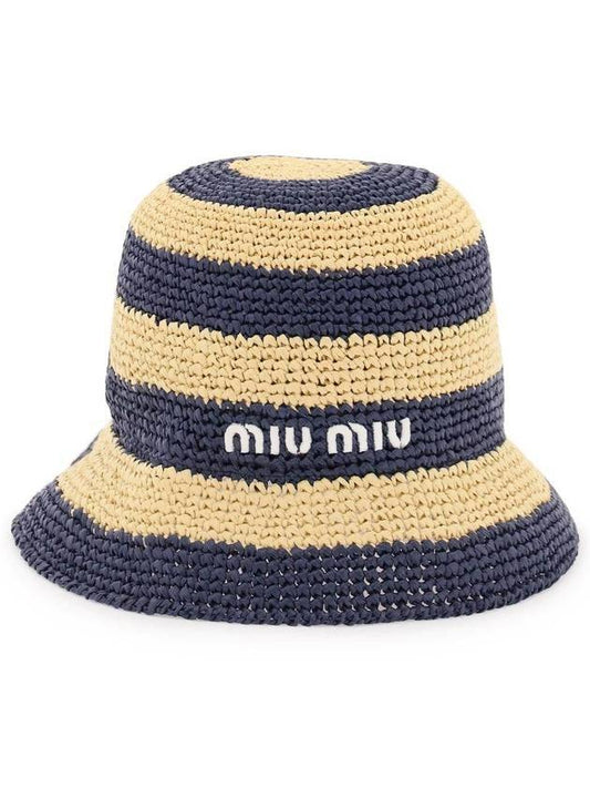 Logo Striped Woven Fabric Bucket Hat Blue Beige - MIU MIU - BALAAN 1