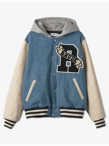 Refurbished Washed Denim Hooded Varsity Jacket Indigo Cream RHFW22JA406240501050 - RHUDE - BALAAN 1