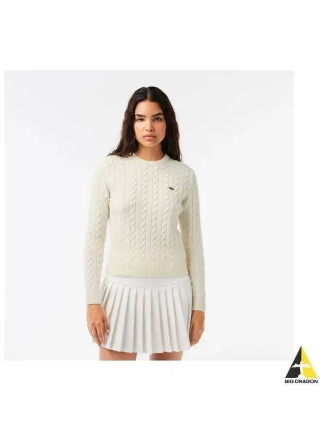 Women s Wool Blend Cable Crew Neck Sweater Ivory - LACOSTE - BALAAN 1