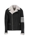 Reverse Shearling Perfec 4 Bar Leather Biker Jacket Black - THOM BROWNE - BALAAN 3