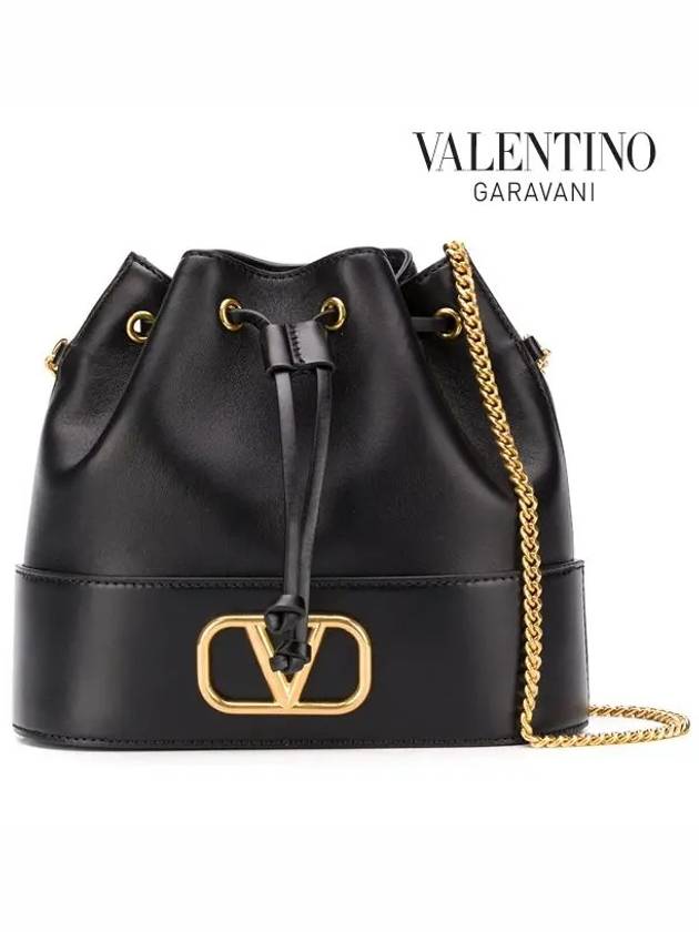 V Logo Signature Chain Napa Leather Bucket Bag Black - VALENTINO - BALAAN 3