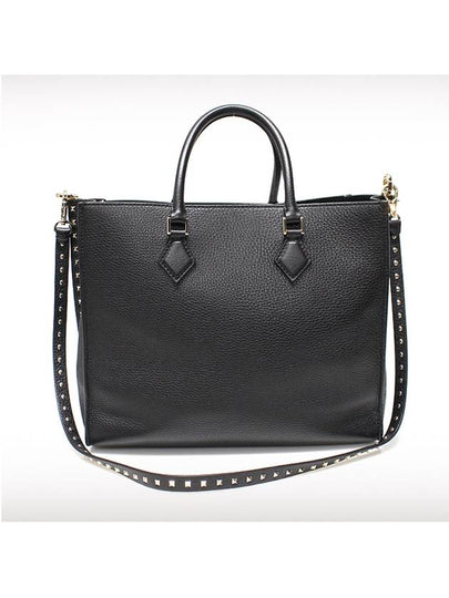 Women s Valentino Black Grained Vitello Leather Gold Rockstud Double Handle 2WAY gt bag Gangbuk used luxury goods - VALENTINO - BALAAN 2