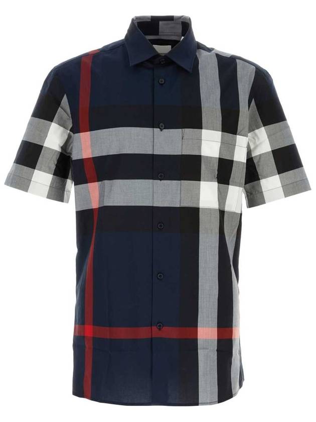 Check Cotton Short Sleeve Shirt Navy - BURBERRY - BALAAN 2