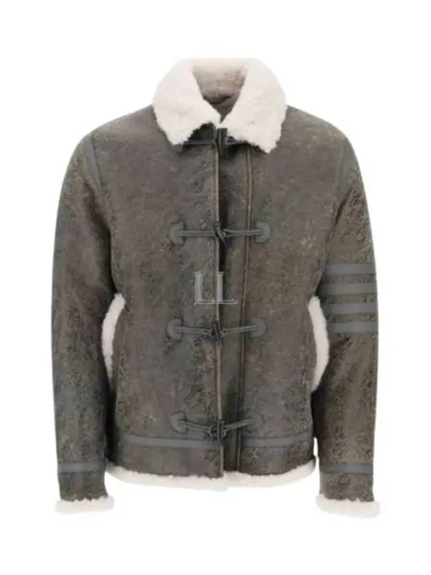 Shearling Trim Cracked Leather Jacket Grey - THOM BROWNE - BALAAN 2