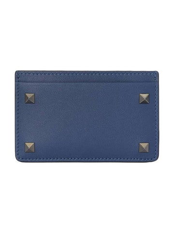 Rockstud Leather Card Wallet Navy - VALENTINO - BALAAN 1