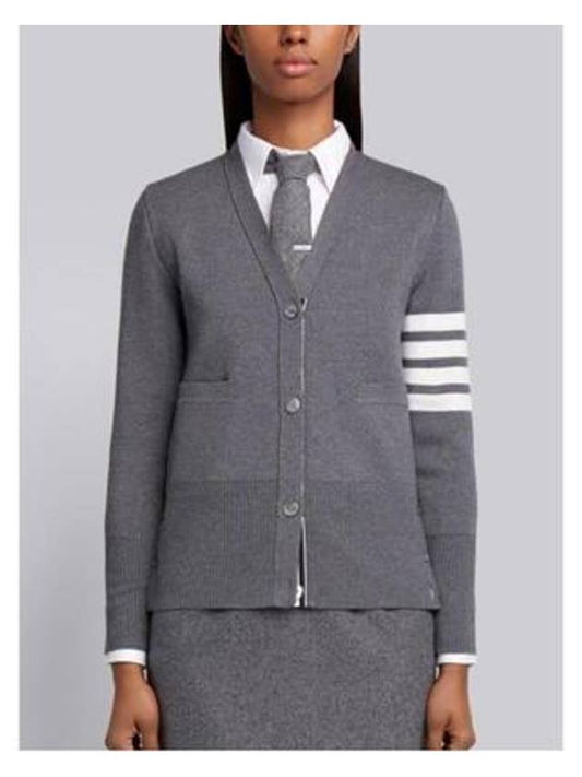 Milano Stitch 4 Bar Classic V Neck Fine Merino Wool Cardigan Medium Grey - THOM BROWNE - BALAAN 2