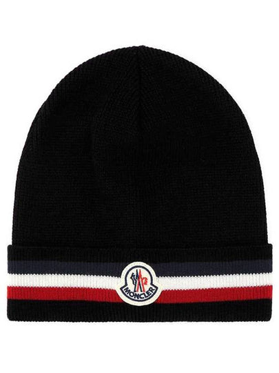 Logo Patch Three Stripes Wool Beanie Black - MONCLER - BALAAN 2