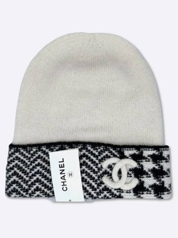 Season CC logo hound check cashmere beanie ivory aa8624 - CHANEL - BALAAN 1