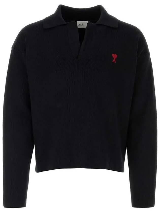 Small Heart Long Sleeve Polo Shirt Black - AMI - BALAAN 2