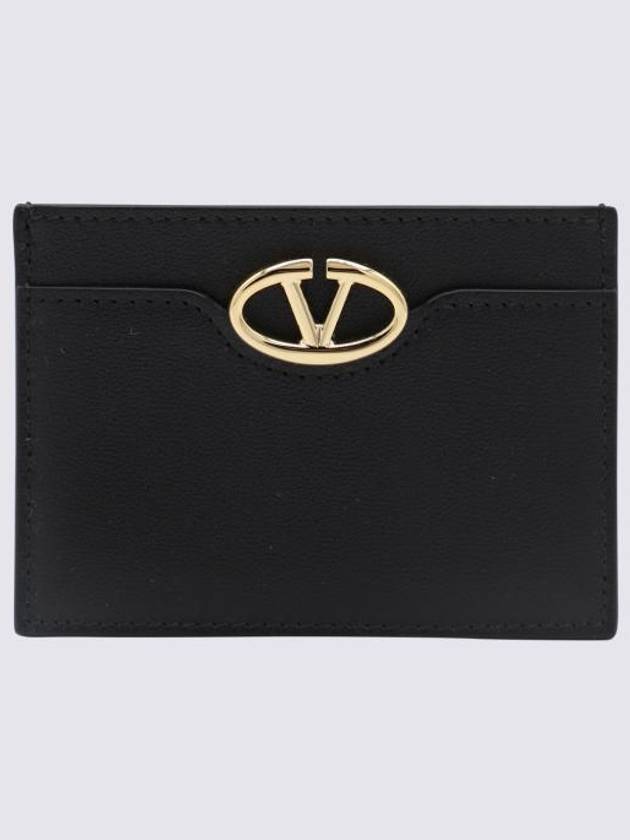 V Logo Signature Leather Card Wallet Black - VALENTINO - BALAAN 1