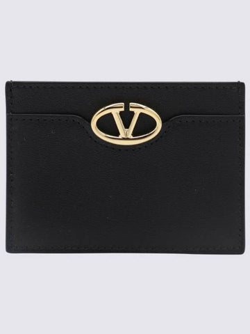 V Logo Signature Leather Card Wallet Black - VALENTINO - BALAAN 1