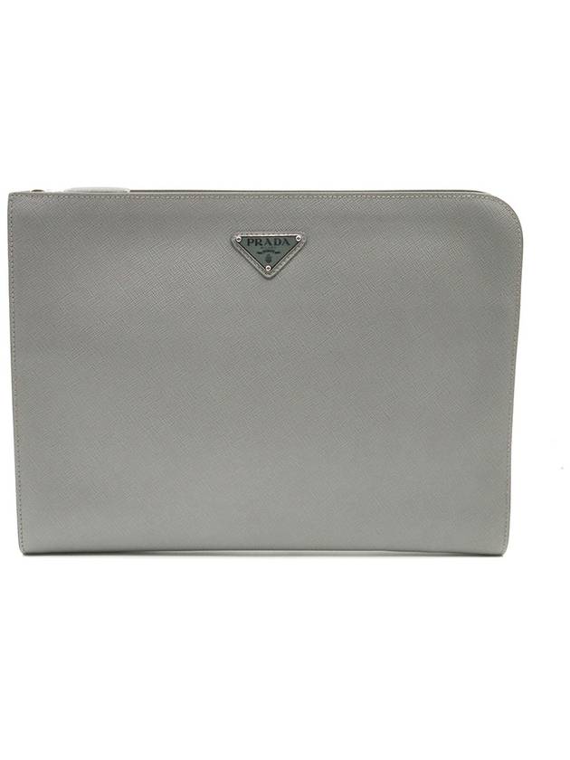 Women s Prada 2VN003 Gray Saffiano Leather Silver Triangle Logo Document Holder Clutch gt Pouch Gangbuk used luxury goods - PRADA - BALAAN 2