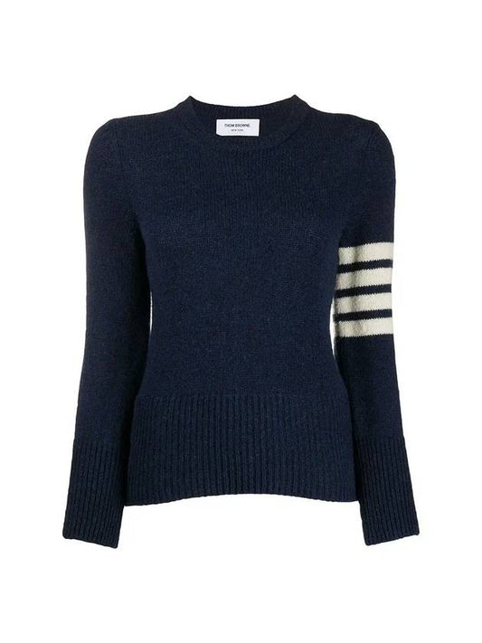 Women's Shetland Wool Jersey Classic Crew Neck 4 Bar Knit Top Navy - THOM BROWNE - BALAAN.