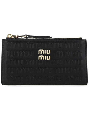 Embossed Lettering Logo Leather Envelope Card Wallet Black - MIU MIU - BALAAN 1