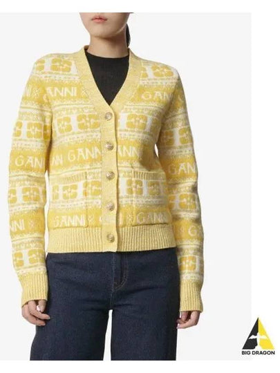 Intarsia Logo Wool V-Neck Cardigan Yellow - GANNI - BALAAN 2