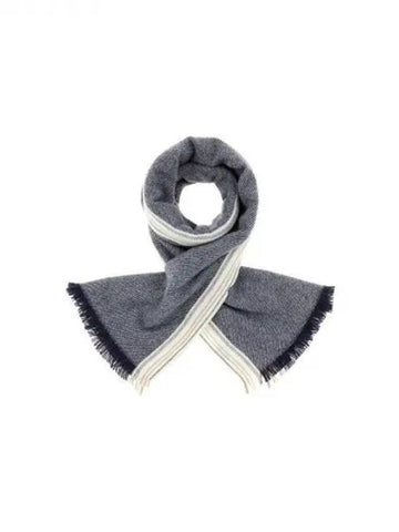 Men s Stripe Trim Cashmere Scarf Navy 270993 - BRUNELLO CUCINELLI - BALAAN 1