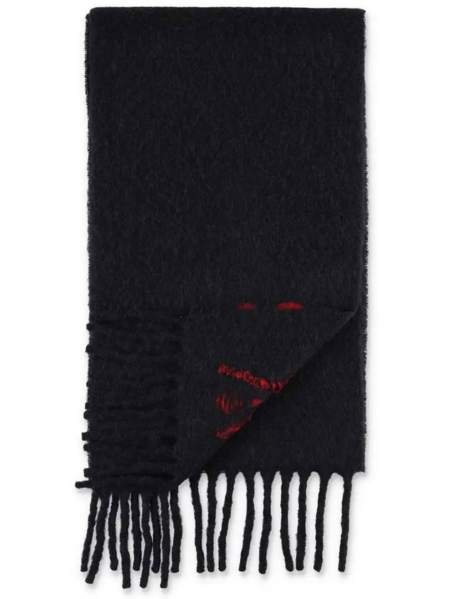 Heart Logo Oversized Wool Fringe Scarf Black - AMI - BALAAN 4