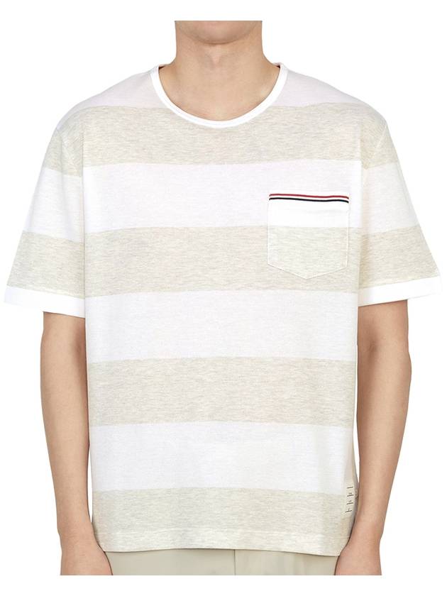 Men's Rugby Striped Pick Pocket Short Sleeve T-Shirt Pale Grey White - THOM BROWNE - BALAAN 2