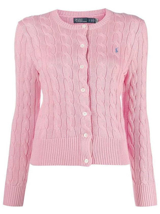 Women's Embroidered Logo Pony Cable Cardigan Pink - POLO RALPH LAUREN - BALAAN 2