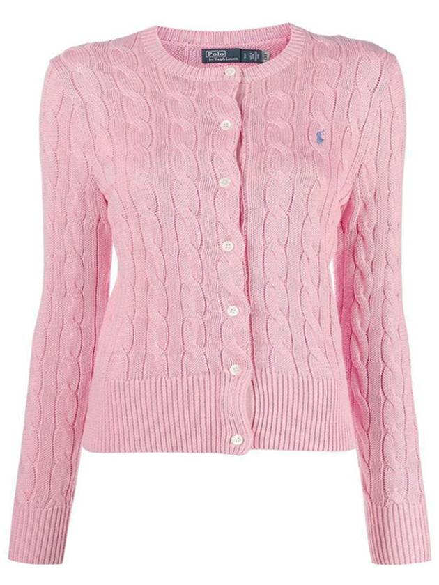 Women's Embroidered Logo Pony Cable Cardigan Pink - POLO RALPH LAUREN - BALAAN 3