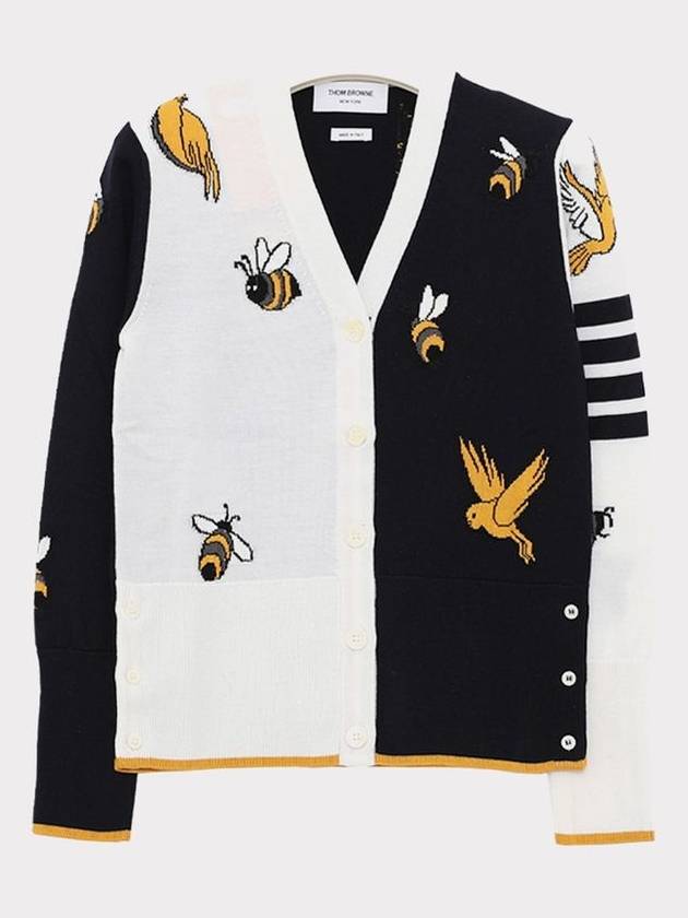 Women 4 Bar Stripe Bird Bee Cotton Wool Cardigan Navy White - THOM BROWNE - BALAAN 3