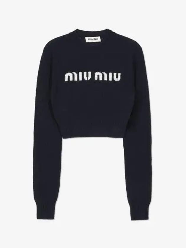 Print Logo Crop Wool Cashmere Knit Top Navy - MIU MIU - BALAAN 2