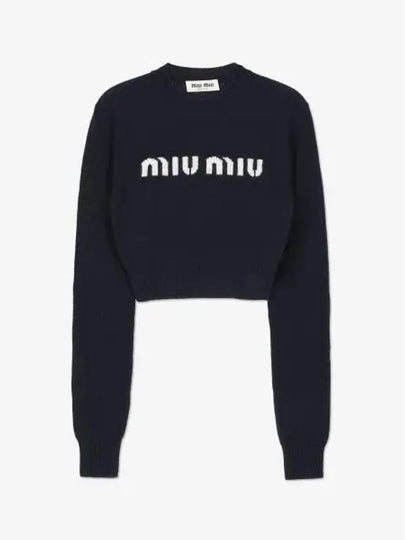 Print Logo Crop Wool Cashmere Knit Top Navy - MIU MIU - BALAAN 2