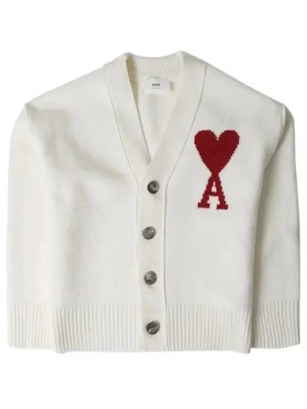 Heart Logo V Neck Wool Cardigan Off White - AMI - BALAAN 2