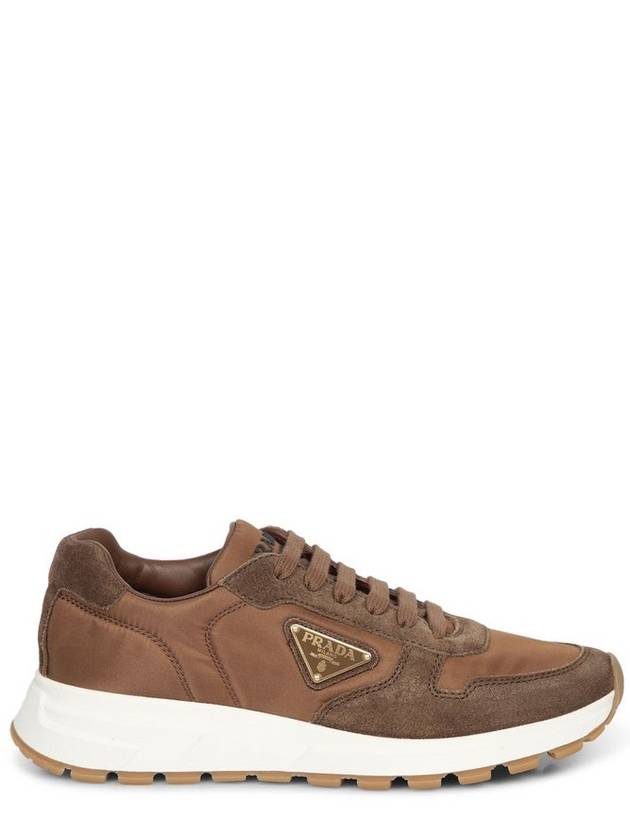 Triangle logo lace up low top sneakers brown - PRADA - BALAAN 1