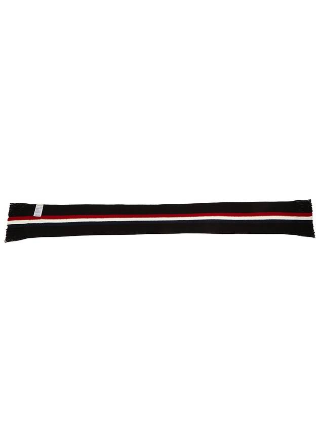 Tricolor Logo Patch Stripe Fringe Wool Muffler Black - MONCLER - BALAAN 7