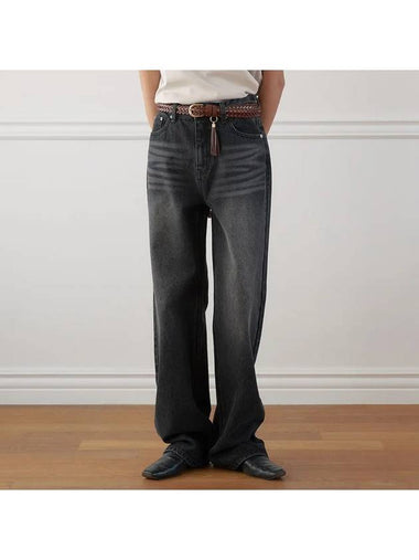 Classic Straight Denim Wide Pants Grey - NOIRER FOR WOMEN - BALAAN 1