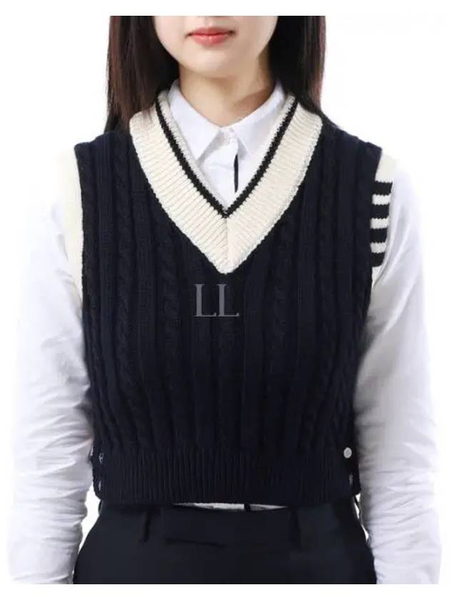 Classic Cable 4 Bar V Neck Vest Navy - THOM BROWNE - BALAAN 2