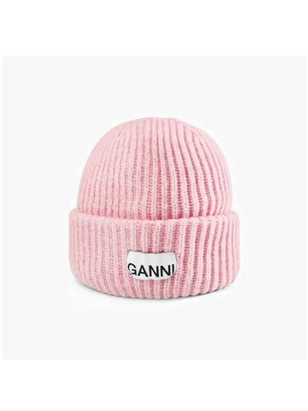 Logo Patch Knit Beanie Pink - GANNI - BALAAN 4