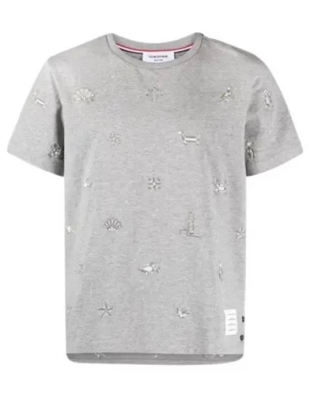 Embroidered Cotton Short Sleeve T-Shirt Grey - THOM BROWNE - BALAAN 2